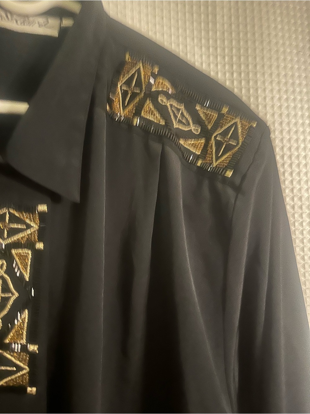 Black Embellished Button-Down Shirt with Gold Accents - Picture 3 of 8